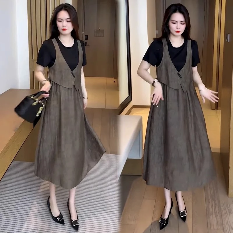 连衣裙女2025夏季新款时髦洋气抽绳收腰显瘦中长款假两件短袖裙子