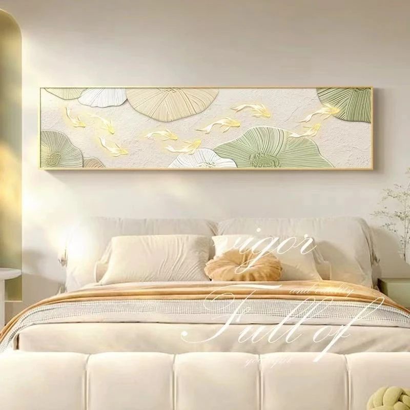 手工砂岩奶油风卧室床头九鱼图沙发背景墙挂画大气主卧40150