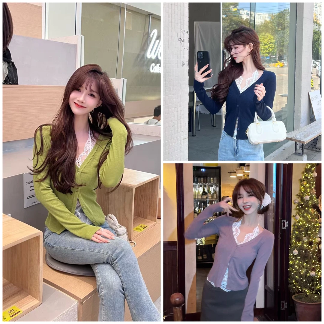 《早春线 纯欲捕手》睫毛蕾丝吊带拼接V领开衫假两件