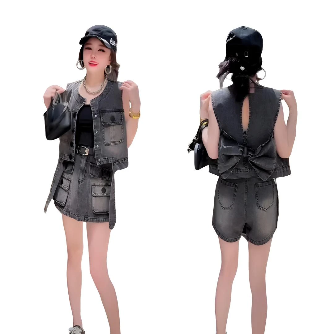 无袖牛仔短裤女夏季小众爆款时尚显瘦个性洋气无袖马甲宽松短裤