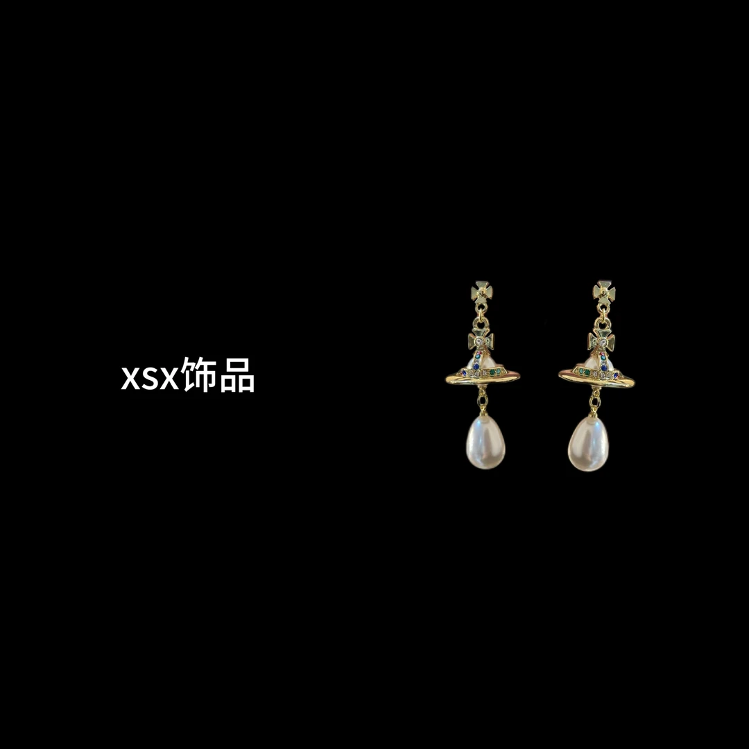 铜合金仿珍珠耳饰 xsx飞碟刻字彩锆珠珠耳钉手工气质轻奢时尚百搭