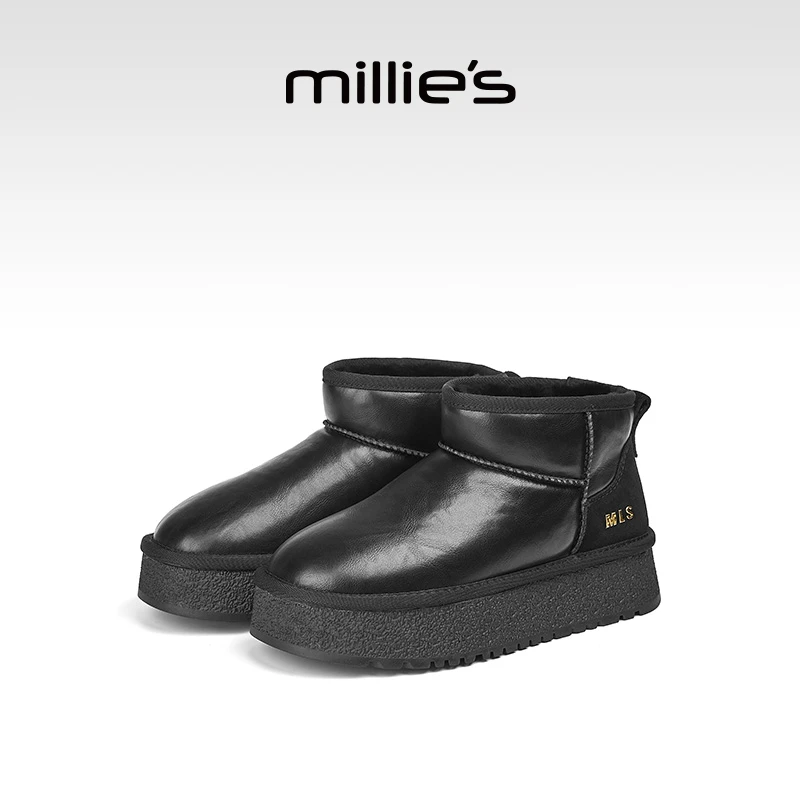 MILLIE'S/妙丽加绒加厚厚底短靴冬季时尚雪地靴防水防水保暖棉鞋