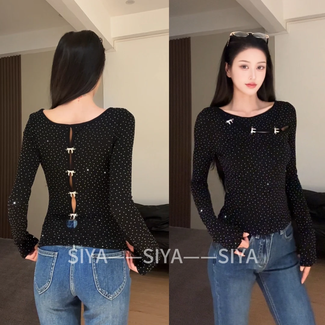 【SIYA】正反两穿金属扣烫钻T恤女秋季性感辣妹风修身显瘦上衣