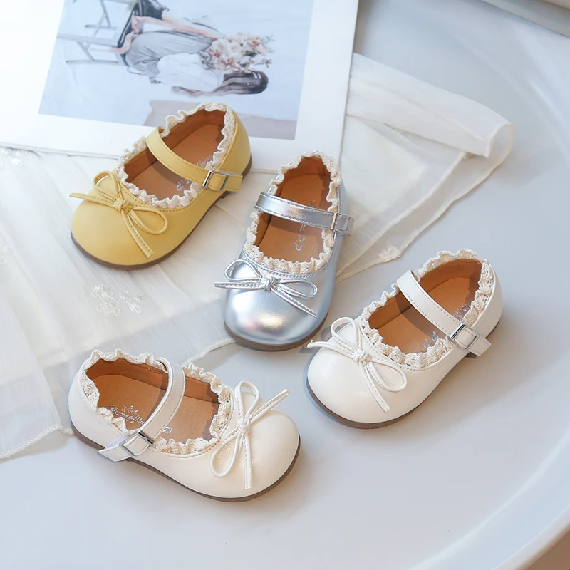 女宝宝森系甜美单鞋2025春秋新款女童蝴蝶结演出鞋儿童花边小皮鞋