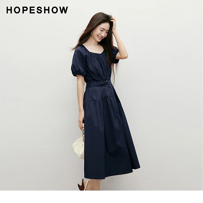 红袖2025夏季女装 纯色插肩袖金属扣腰带方领连衣裙90125101607