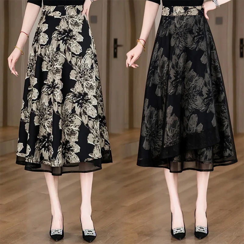 拉夏贝尔两面穿一片式半身网纱裹裙女2025新款高腰中长款不规则裙