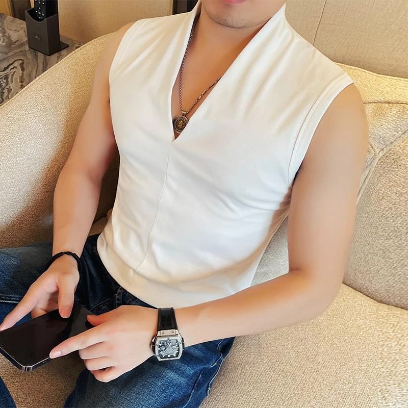v领背心男款潮流痞帅夏外穿深v上衣2025新款坎肩修身冰丝无袖t恤