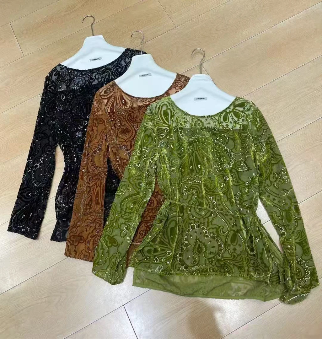 南油shangxi系带收腰丝绒上衣