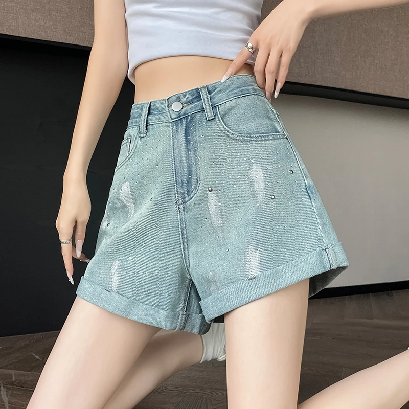 复古烫钻卷边牛仔短裤女2025夏季薄款小个子a字彩绘阔腿四分裤子