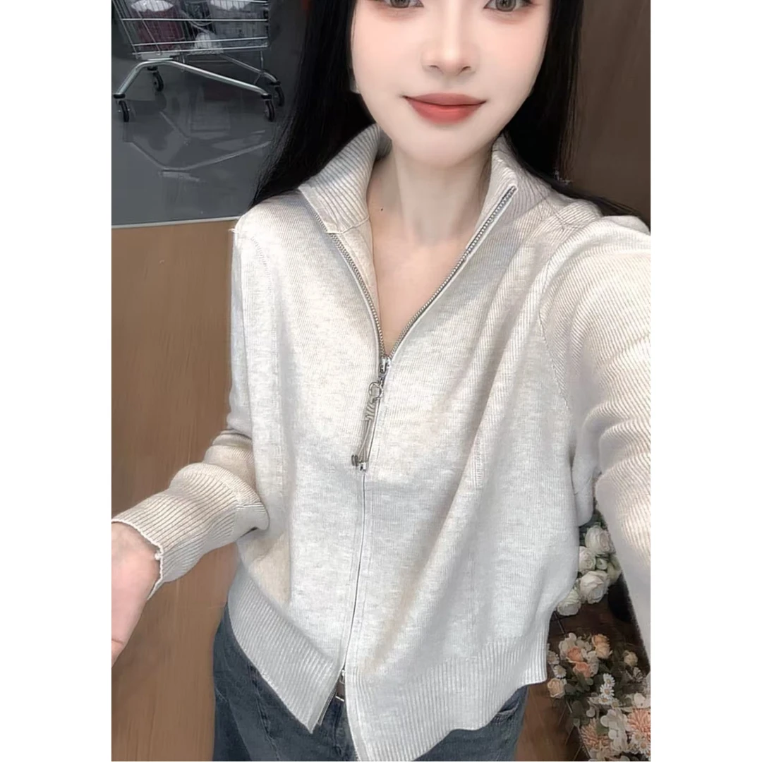 丽姐家~拉链燕麦长袖百搭网红针织时尚百搭立领开衫上衣