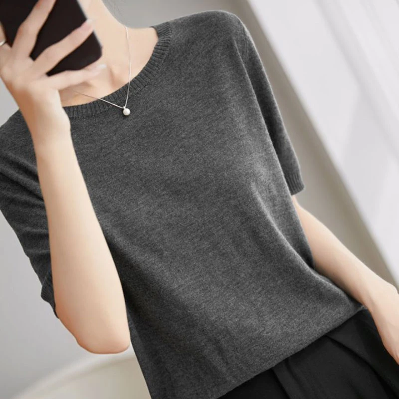 春夏可穿  超细精纺羊毛针织短袖  短袖羊毛衫上衣女