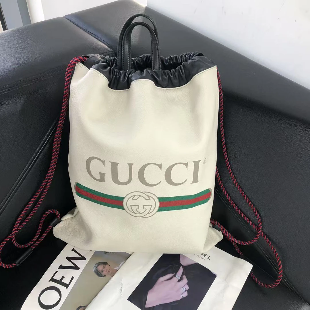 95新 GUCCI/古驰 捐金沉珠/抽绳双肩包白色