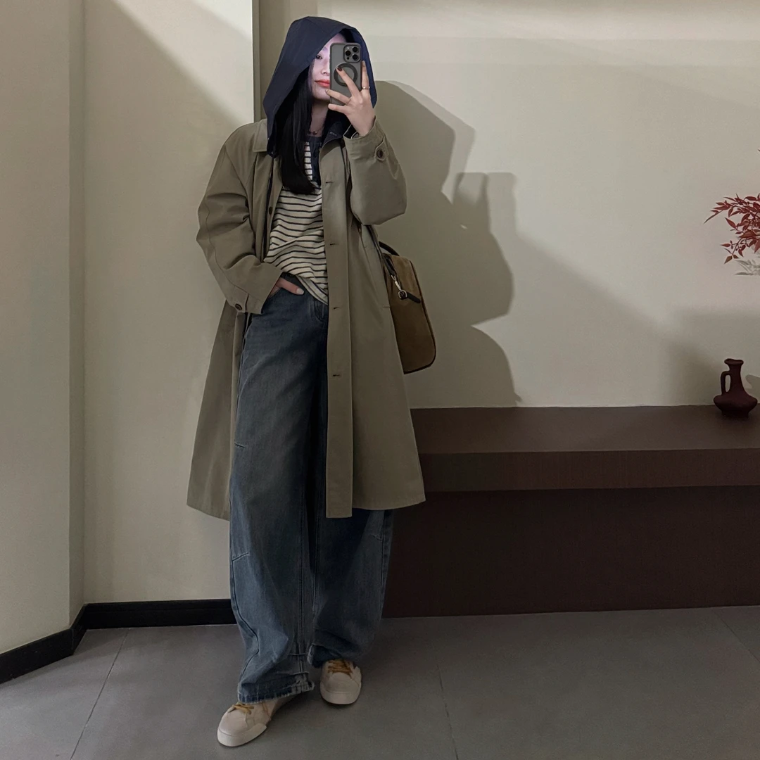 今婷秋季韩系百搭高级设计感时尚气质简约连帽风衣女-M25102366