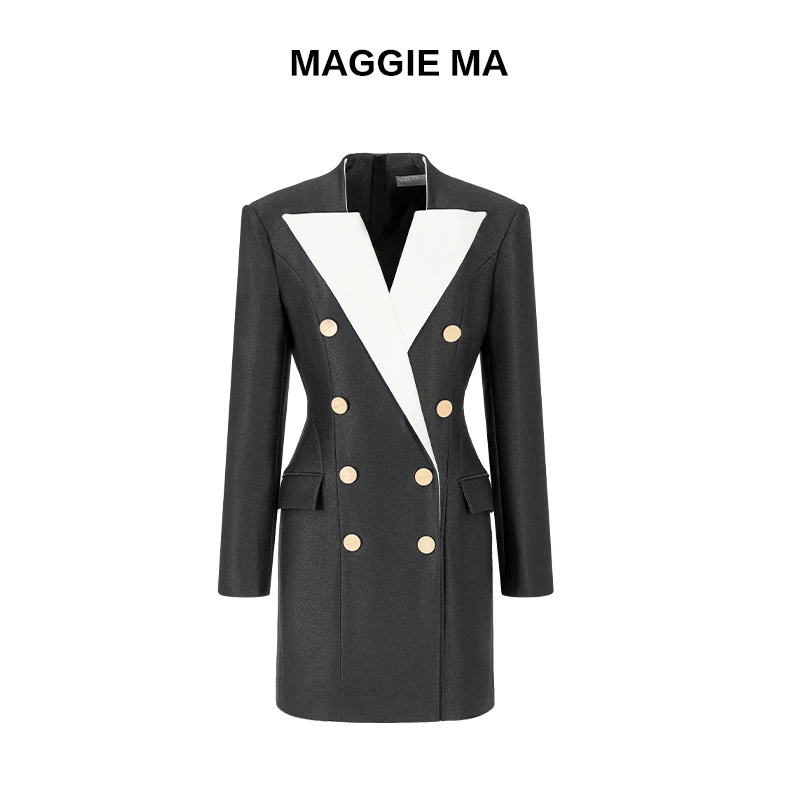 MAGGIE MA马婧设计师款黑白拼接领简洁干练修身连衣裙990D