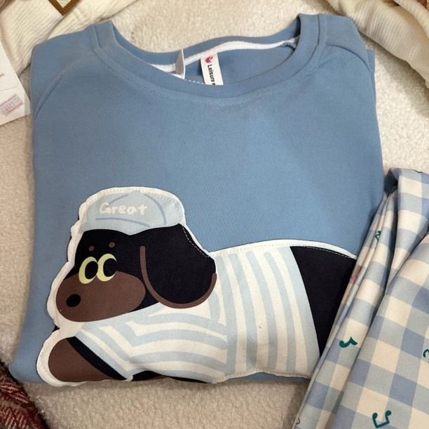 女士蓝色系腊肠狗德绒套头家居服套装