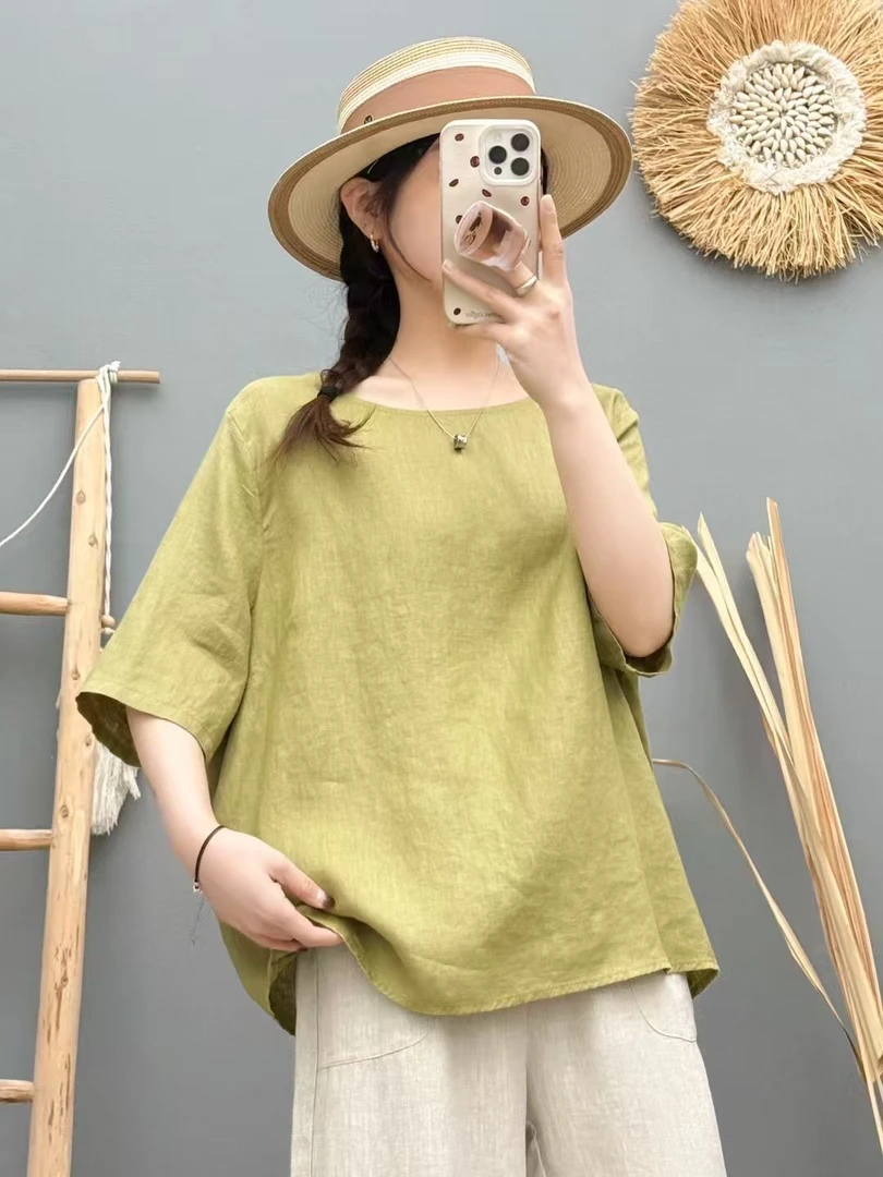 【100%纯亚麻圆领上衣】圆领百搭短袖T恤文艺复古上衣后背开衩上衣