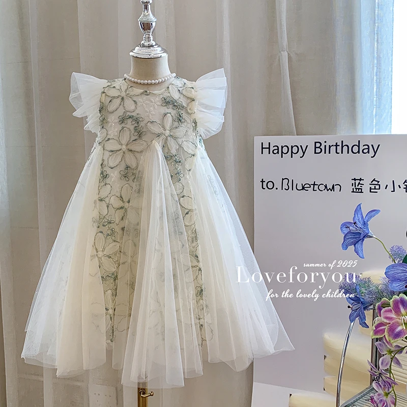 2025夏“花田错”韩版女童飞袖刺绣网纱连衣裙88998 39‘9’