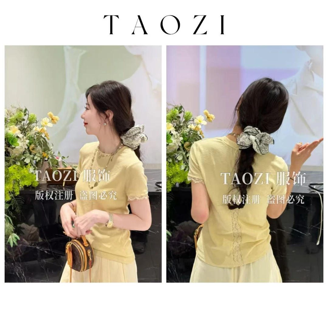 桃子自制 03699 春夏新款袖口后背蕾丝舒适显瘦T恤