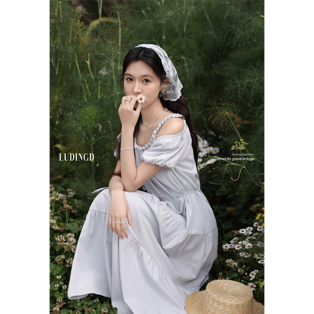 《粉丝福利》鹿盯盯微胖大码女装胖mm蓝色短袖连衣裙女夏海边度假