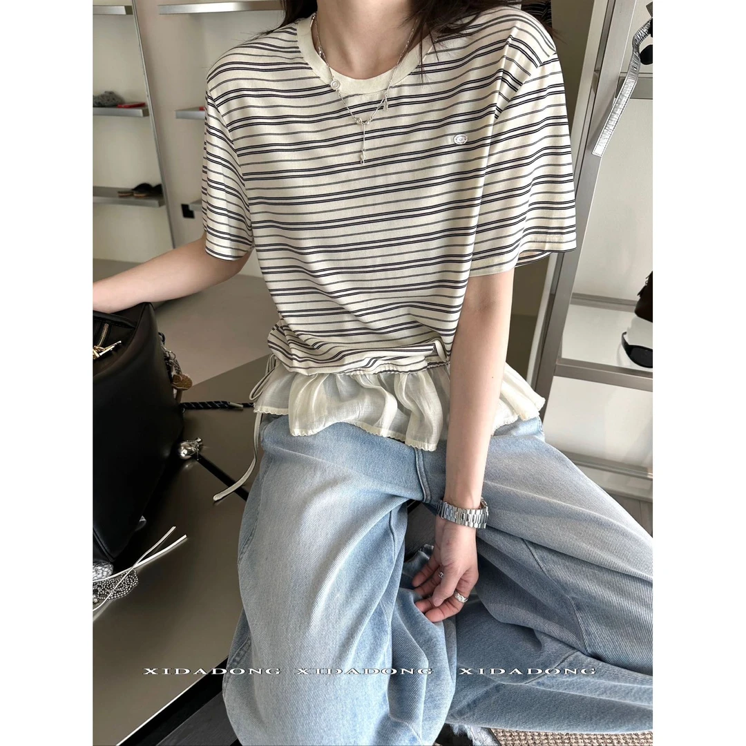 9191#下摆拼接蕾丝花边设计显瘦百搭条纹T恤(福利)