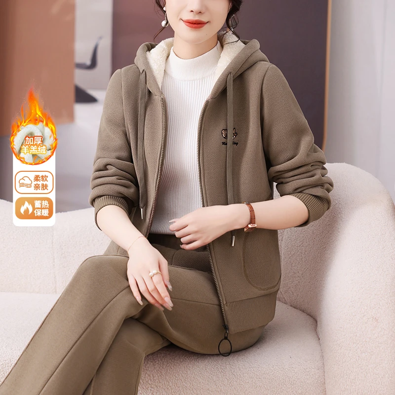 中年妈妈装冬季新款加绒加厚保暖女士开衫连帽卫衣两件套女士套装