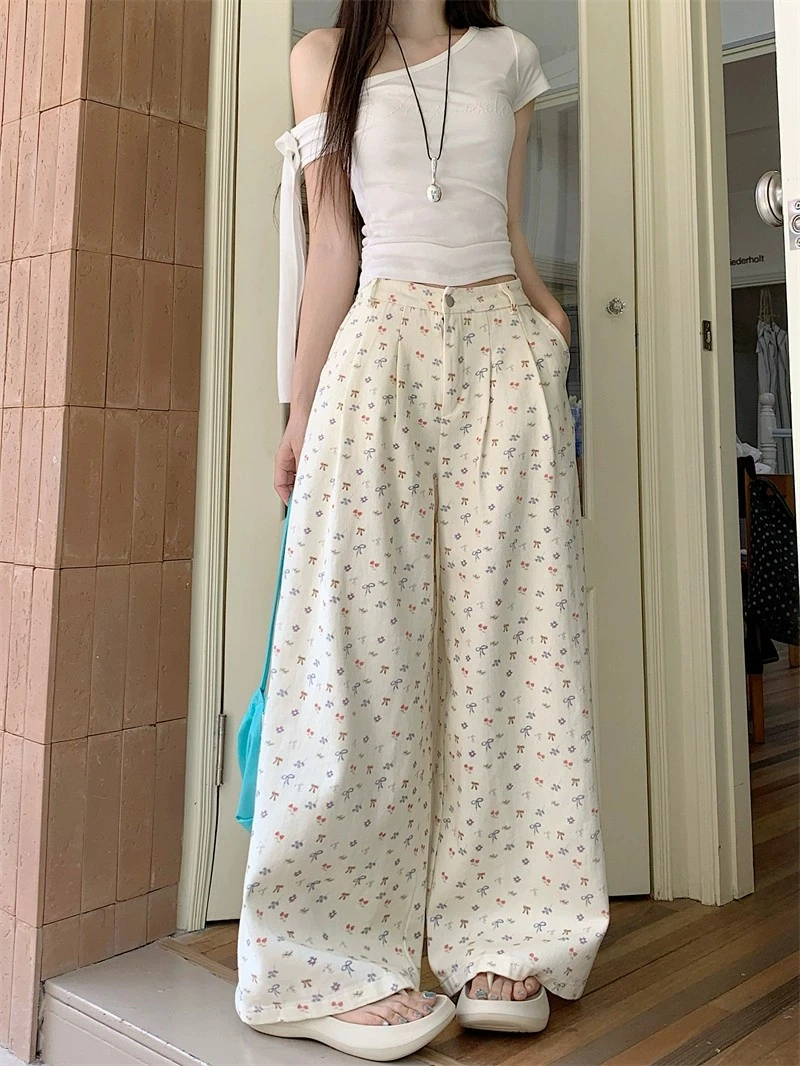 夏季薄款阔腿长裤女高腰宽松慵懒风气质设计感印花蝴蝶结牛仔裤子