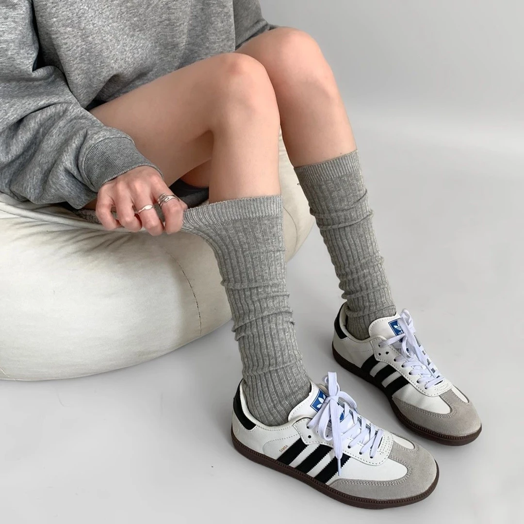 网红纯色小腿堆堆袜竖纹细条薄款长筒袜女学院风针织微压显瘦百搭