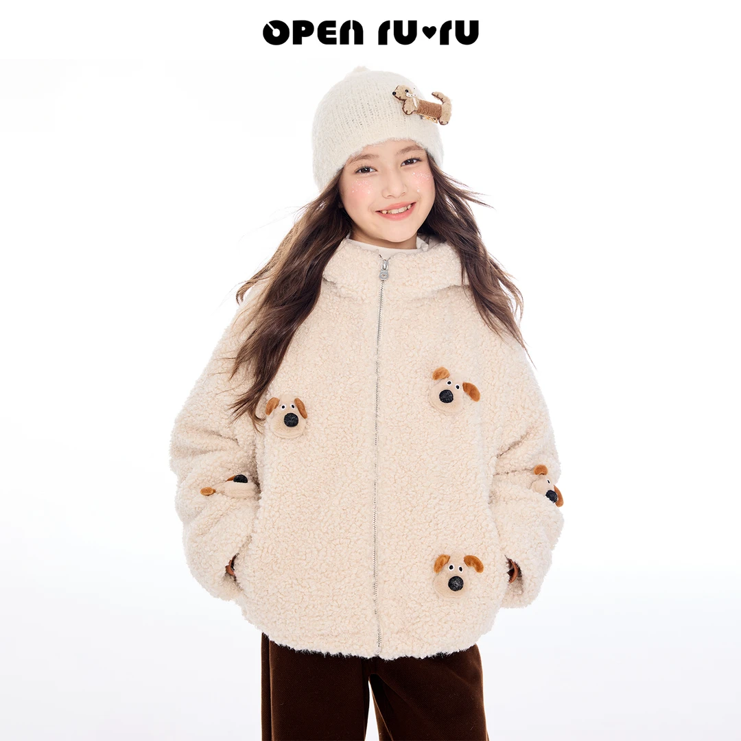 Opennunu女童立体小狗环保羊羔毛上衣冬季设计感加绒加厚外套