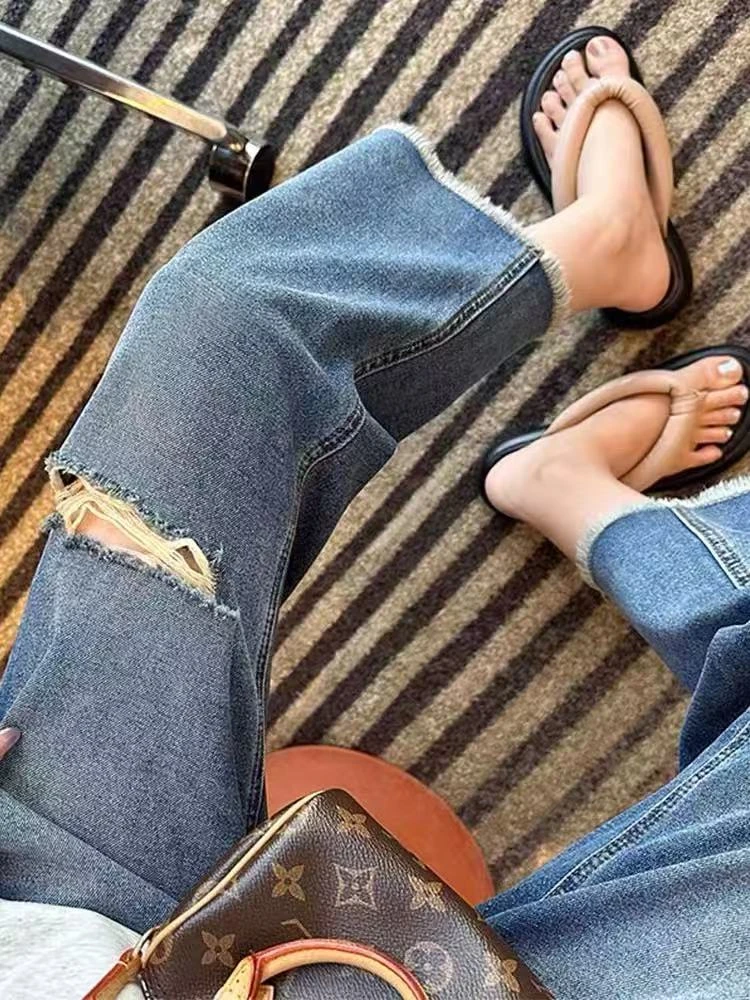 蓝色破洞毛边直筒牛仔裤女春夏新款大码宽松显瘦小个子九分阔腿裤