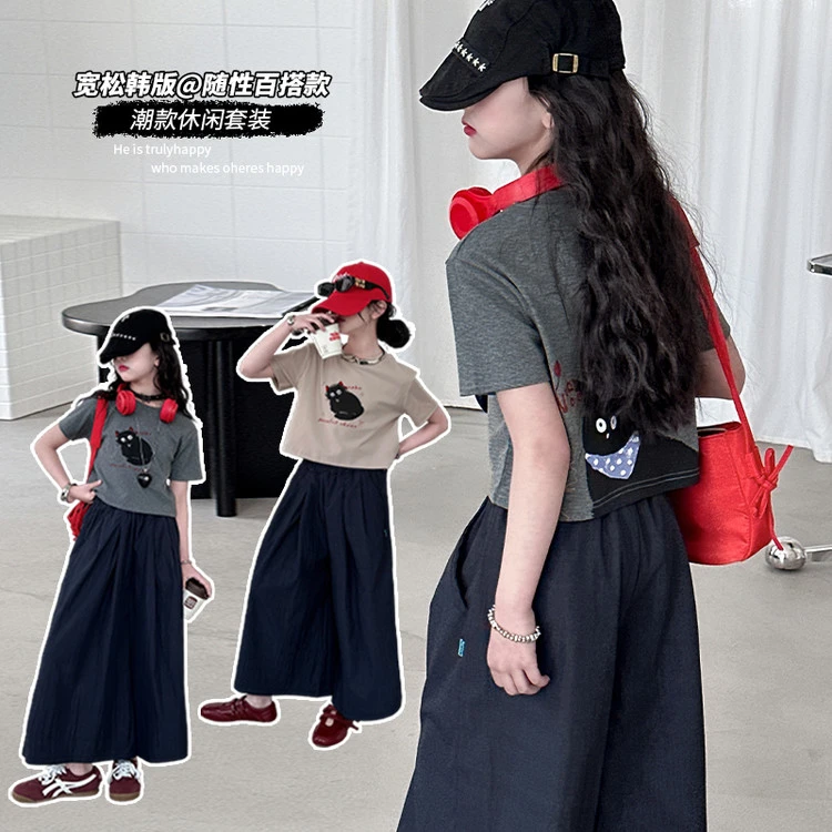 女童夏季阔腿裤套装新款时尚2025年中小学生夏天休闲裤裙两件衣服
