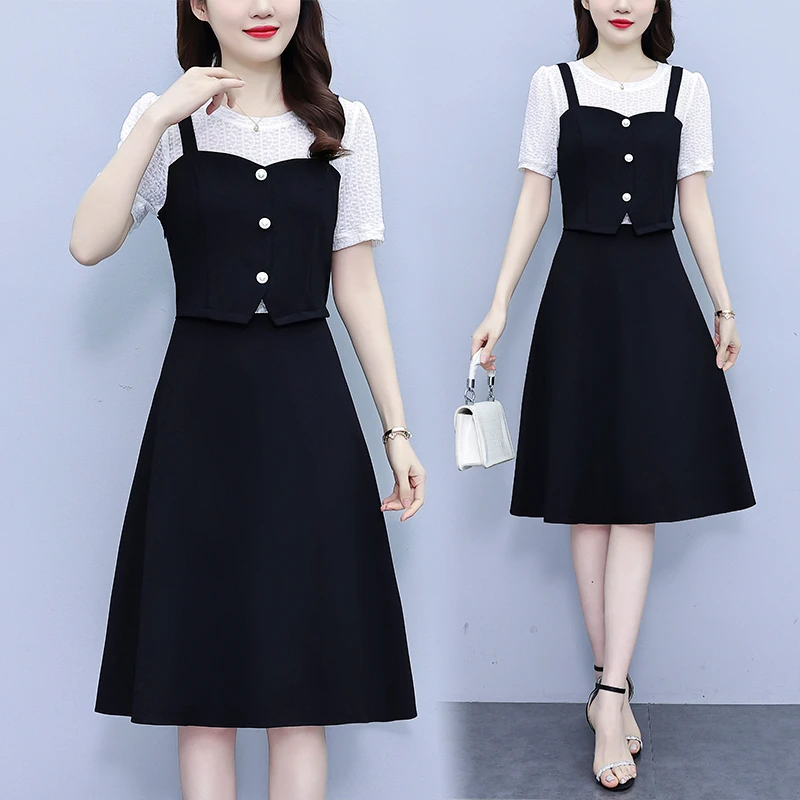 现货实拍2025夏季流行新款时尚女装胖mm气质减龄假两件背带连衣裙