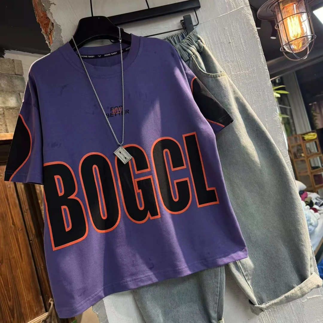 吾 2025【Y】3月20日 儿童男童女童时尚紫色字母短袖T恤3008-