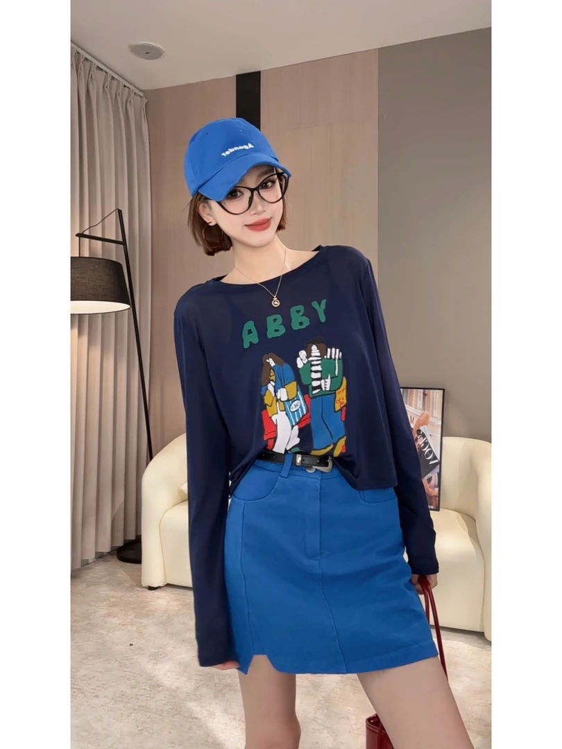 凉感莱赛尔印花防晒衫女百搭软糯宽松慵懒长袖上衣女200