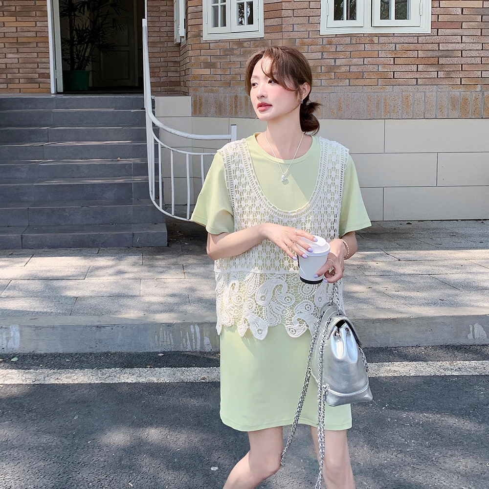 叠穿蕾丝背心连衣裙套装女夏季2025新款韩系减龄休闲T恤裙两件套