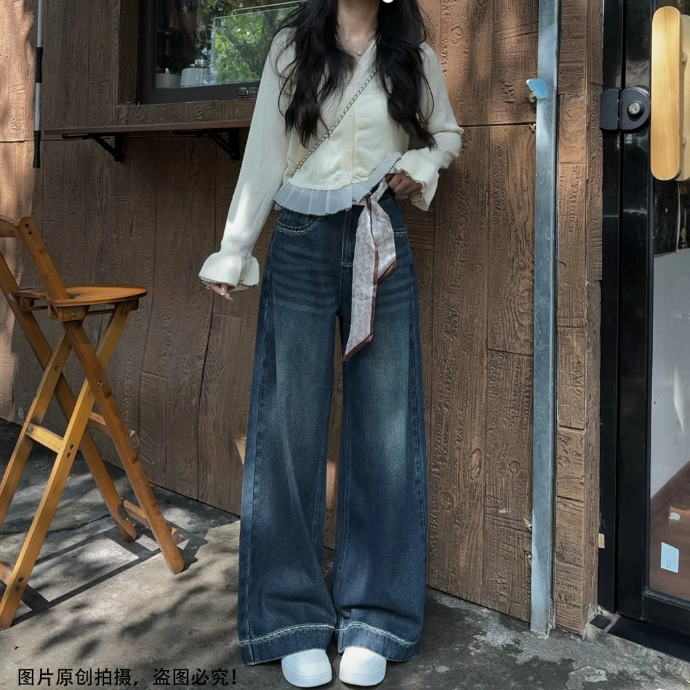 2025秋季复古韩版高腰刺绣阔腿牛仔裤女新款宽松百搭拖地长裤ins