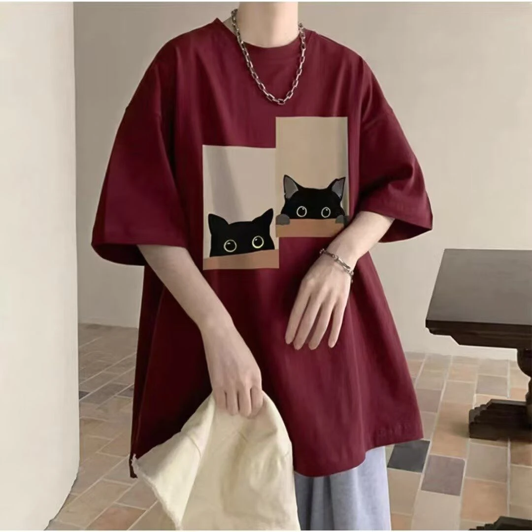 酒红色廓形短袖t恤男生夏季男士潮牌衣服2025新款青少年宽松半袖