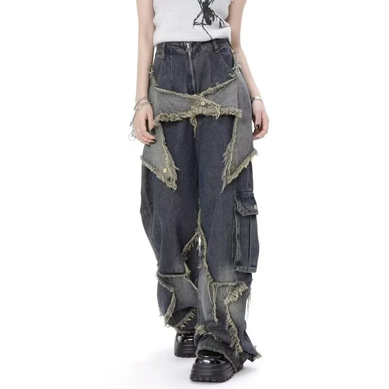 美式原创拼接工装牛仔裤男女春秋季高街小众设计感直筒宽松长裤子