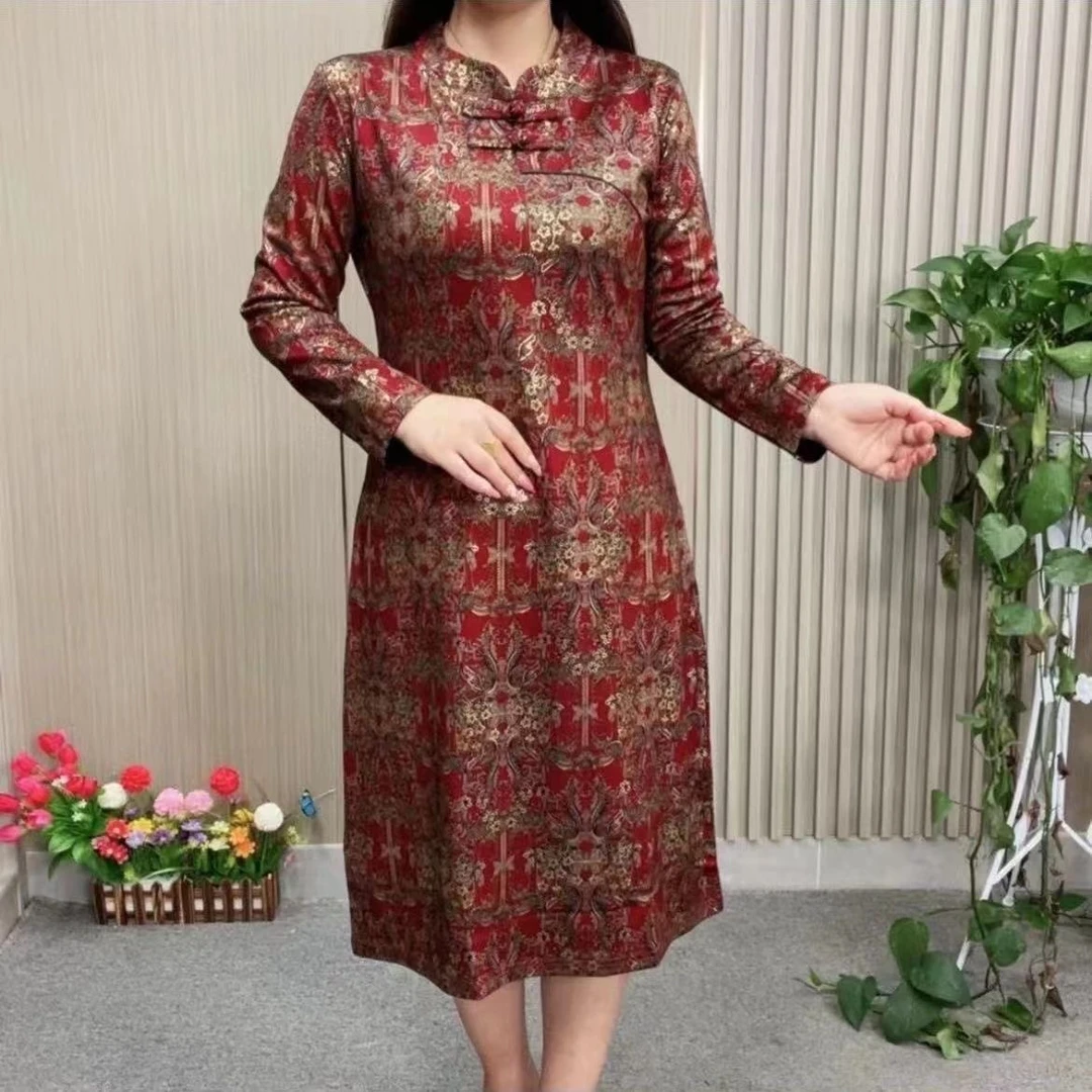 爆款连衣裙女洋气妈妈装改良版旗袍裙春秋款遮肚显瘦长袖过膝裙子