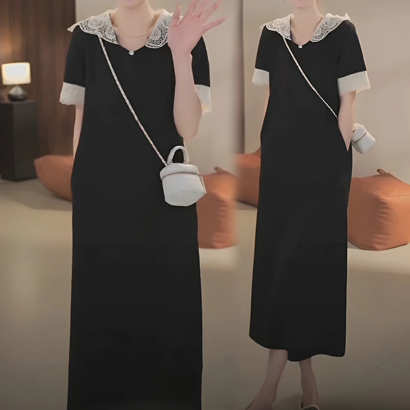 夏季新款大码胖mm法式赫本风优雅气质小黑裙显瘦遮肚短袖连衣裙