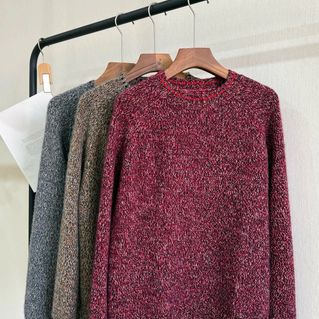 LP法式轻奢！100纯山羊绒手工穿线加密加厚花纱圆领拼接