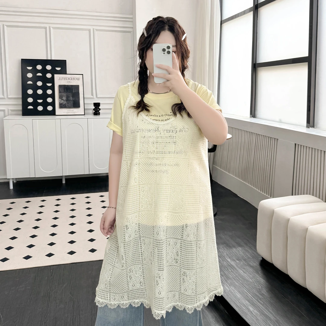 DX7628大码女装【温柔镂空吊带裙】花边圆领夏季200斤叠穿罩衫裙子