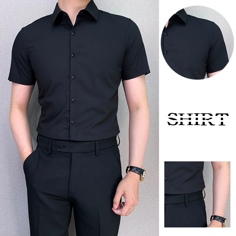 ZP0089#修身免烫2025轻奢气质时尚男士尊贵黑净版暗纹短袖衬衣