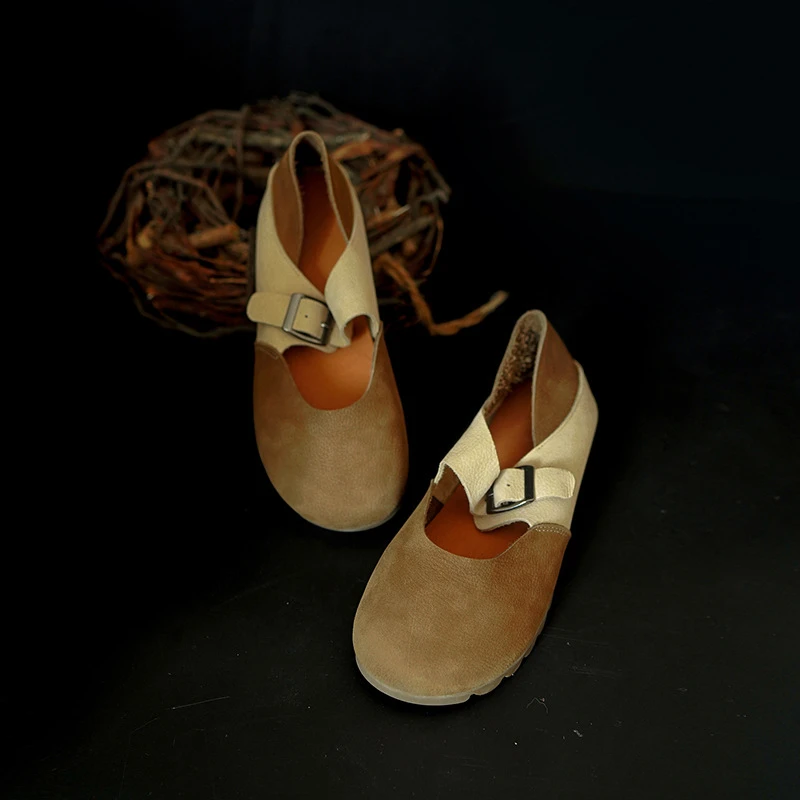 牛皮单鞋丑萌复古风拼色玛丽珍鞋女2025春夏新款软底平跟浅口
