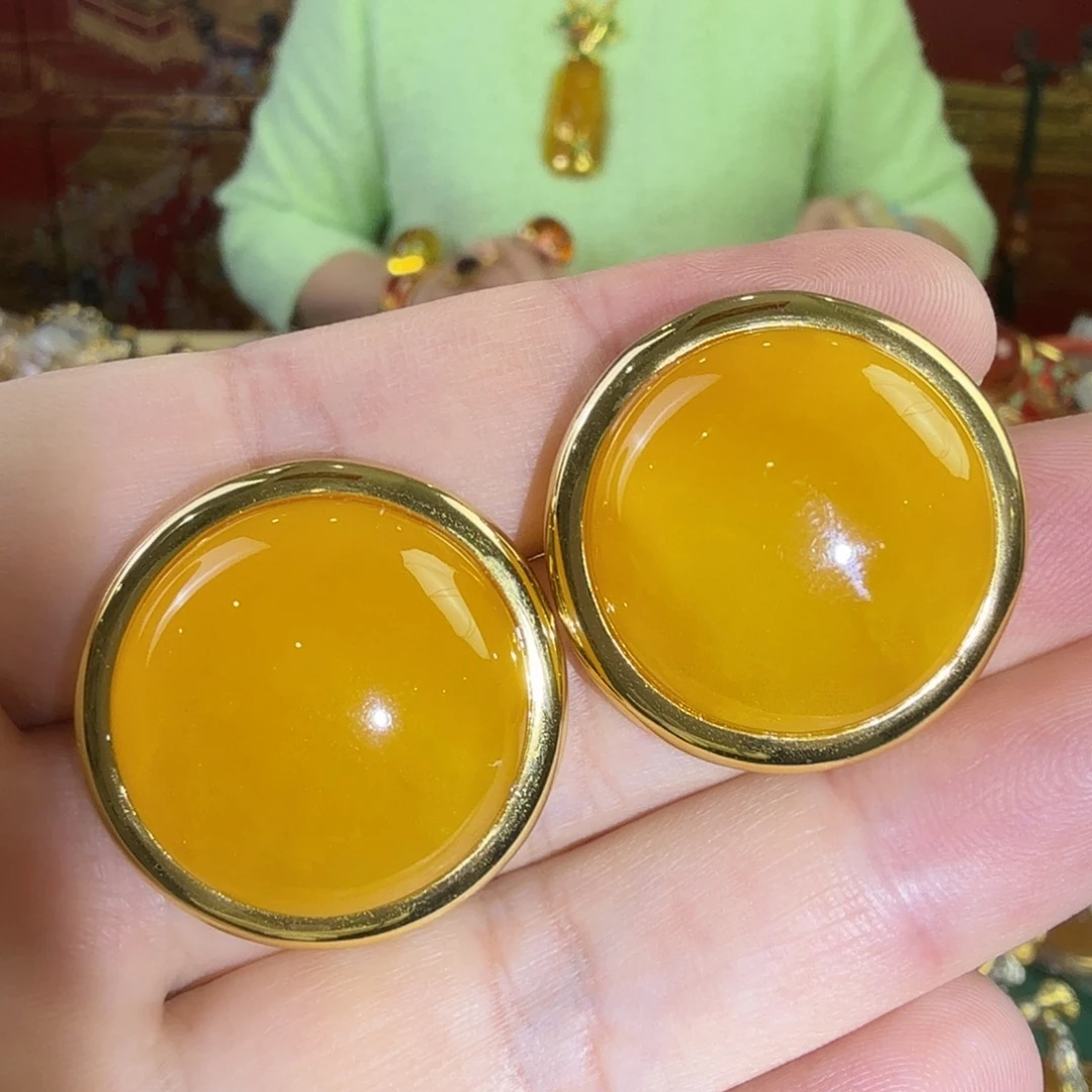 蜜蜡银S925镀金镶嵌耳钉