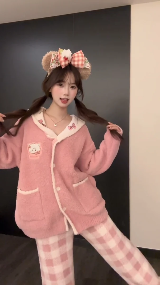 嫩粉海军领毛衣针织半边绒舒适睡衣女秋冬格纹宽松长裤家居服套装