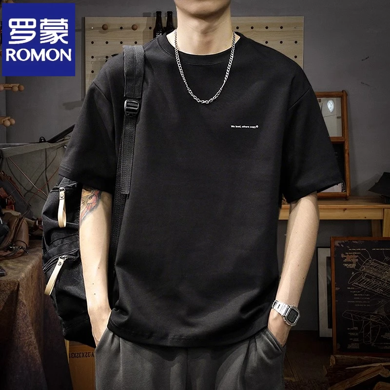 罗蒙美式简约潮流ins字母印花短袖男t恤2025夏季新款宽松休闲T恤