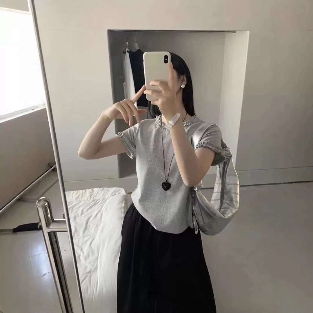 木耳边圆领短袖T恤女韩系春夏时尚百搭小众打底衫