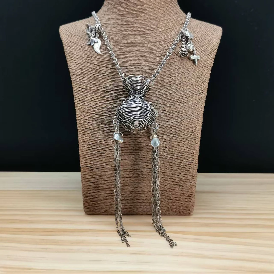 银之酷 坠链均925银 925银鱼篓项链重工女复古做旧民族风个性