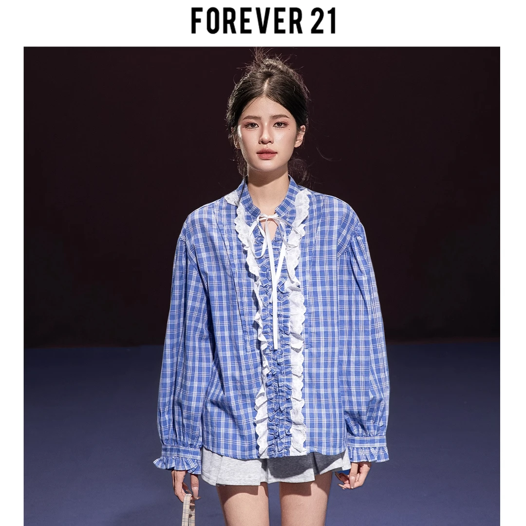 Forever 21灯笼袖系带白色衬衫2025秋季新款宽松休闲蕾丝拼接开衫