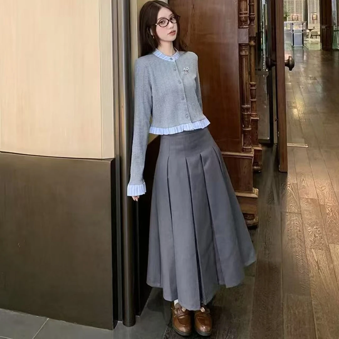 轻奢高级感2025年春秋条纹花边拼接圆领长袖针织衫女上衣+半裙